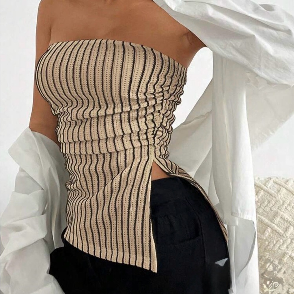 Striped Cream and Black Knit Tube Top medium